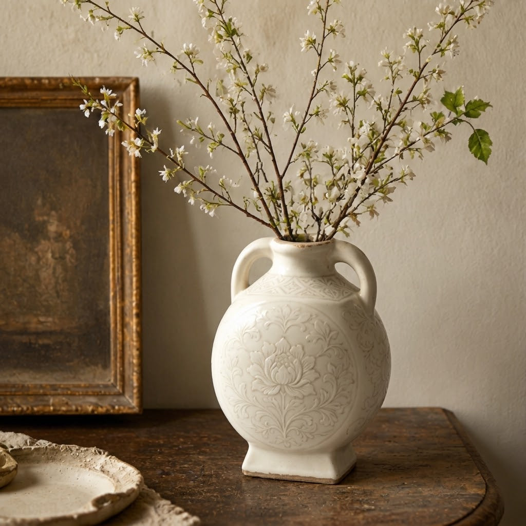 Vintage-Inspired Ivory Embossed Floral Ceramic Vase