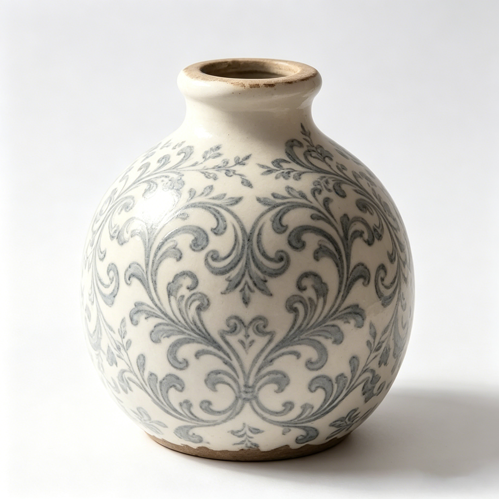 Rustic Grey Damask Ceramic Globe Vase