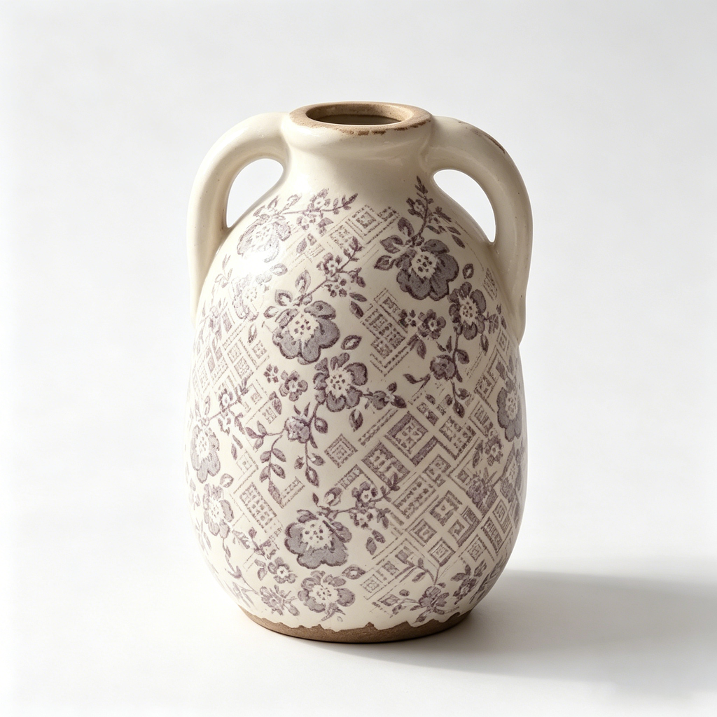 Rustic Plum Floral and Lattice Ceramic Vase