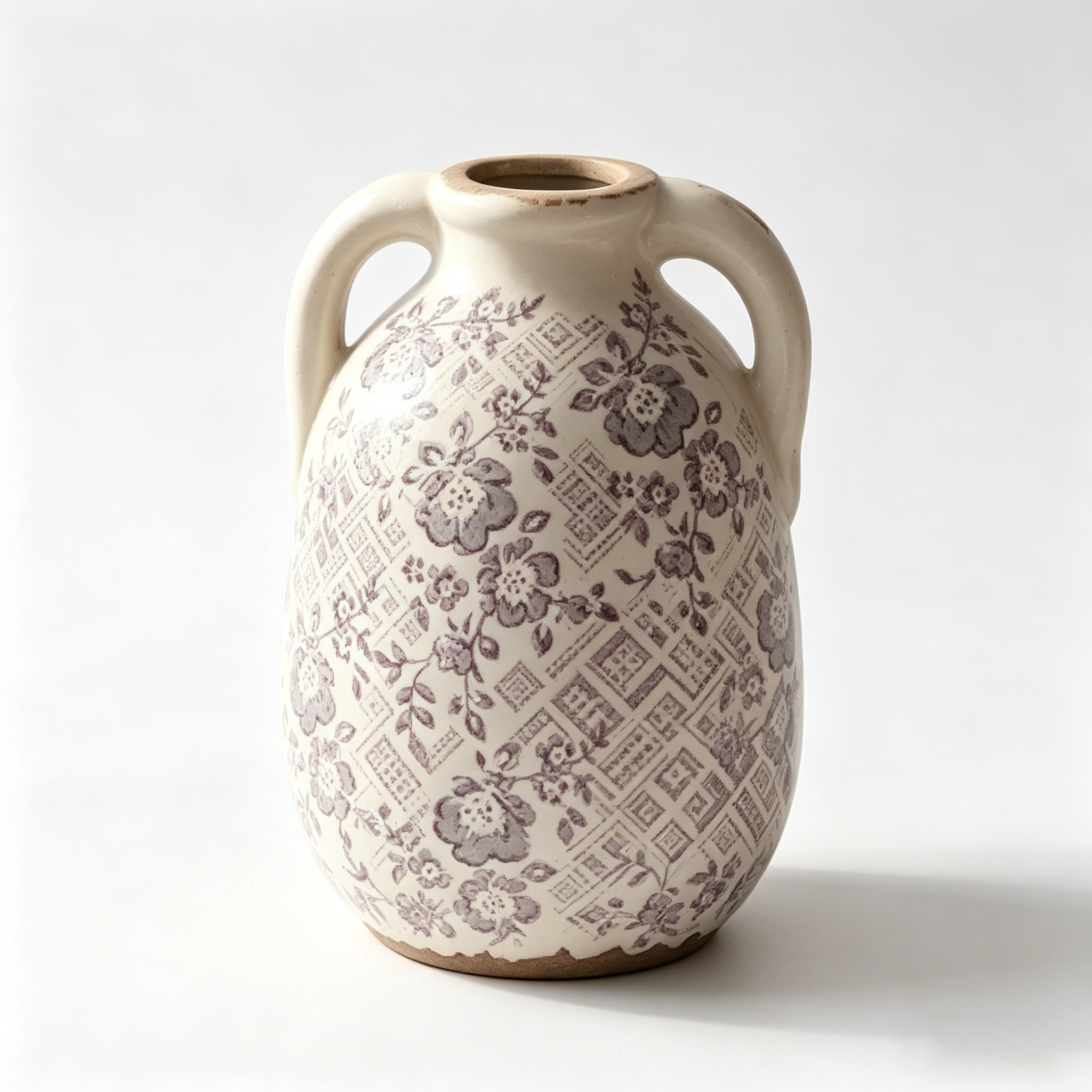 Rustic Plum Floral and Lattice Ceramic Vase