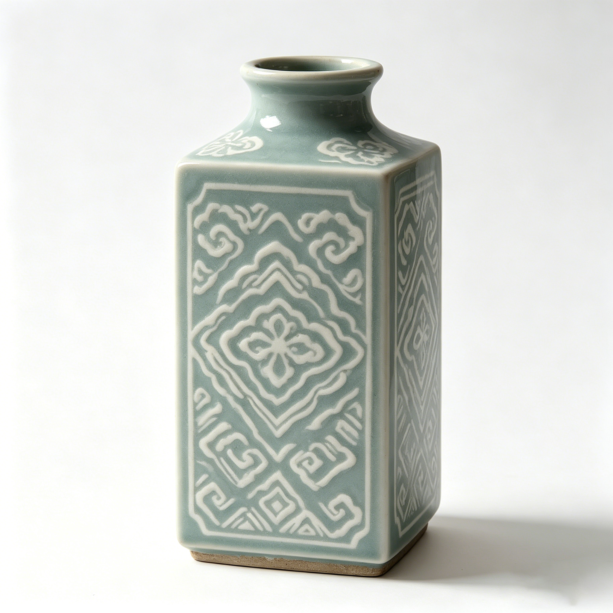 Vintage-Inspired Celadon Geometric Square Ceramic Vase