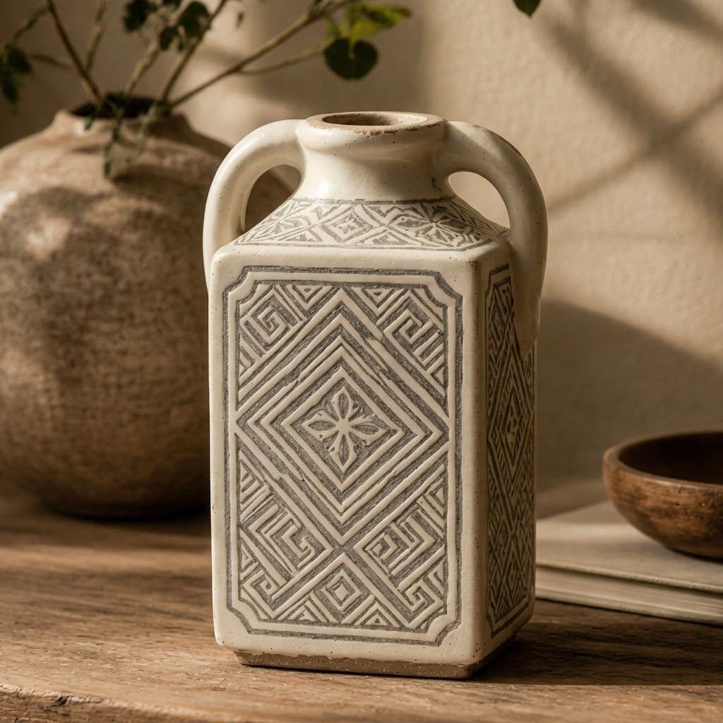 Vintage-Inspired Geometric Ceramic Handled Vase