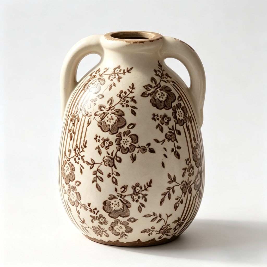 Rustic Sepia Floral and Stripe Twin-Handled Vase