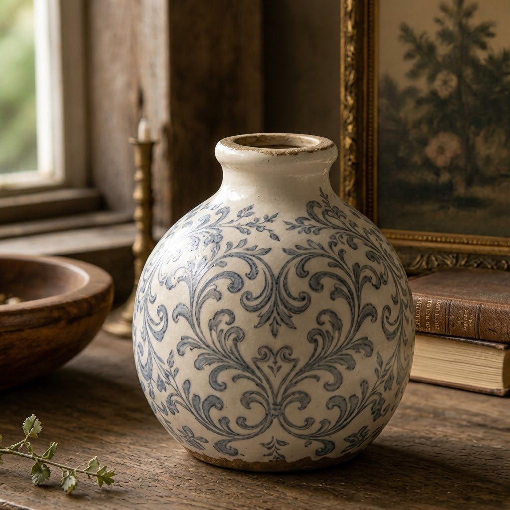 Rustic Grey Damask Ceramic Globe Vase