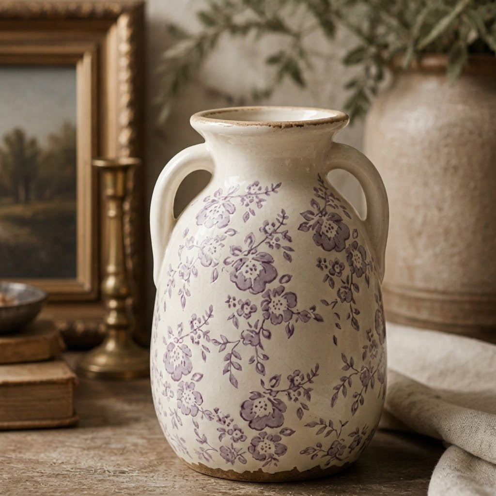 Rustic Lavender Floral Twin-Handled Ceramic Vase