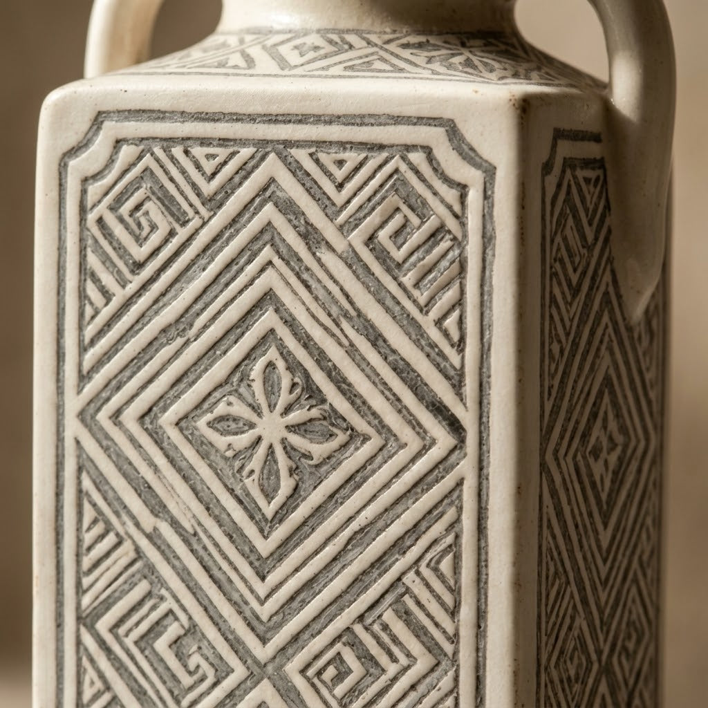 Vintage-Inspired Geometric Ceramic Handled Vase