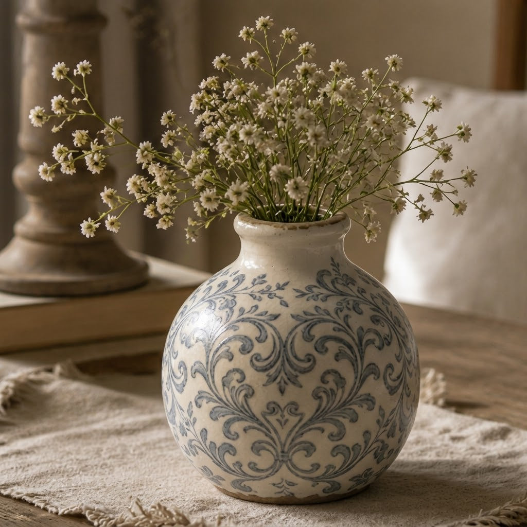 Rustic Grey Damask Ceramic Globe Vase