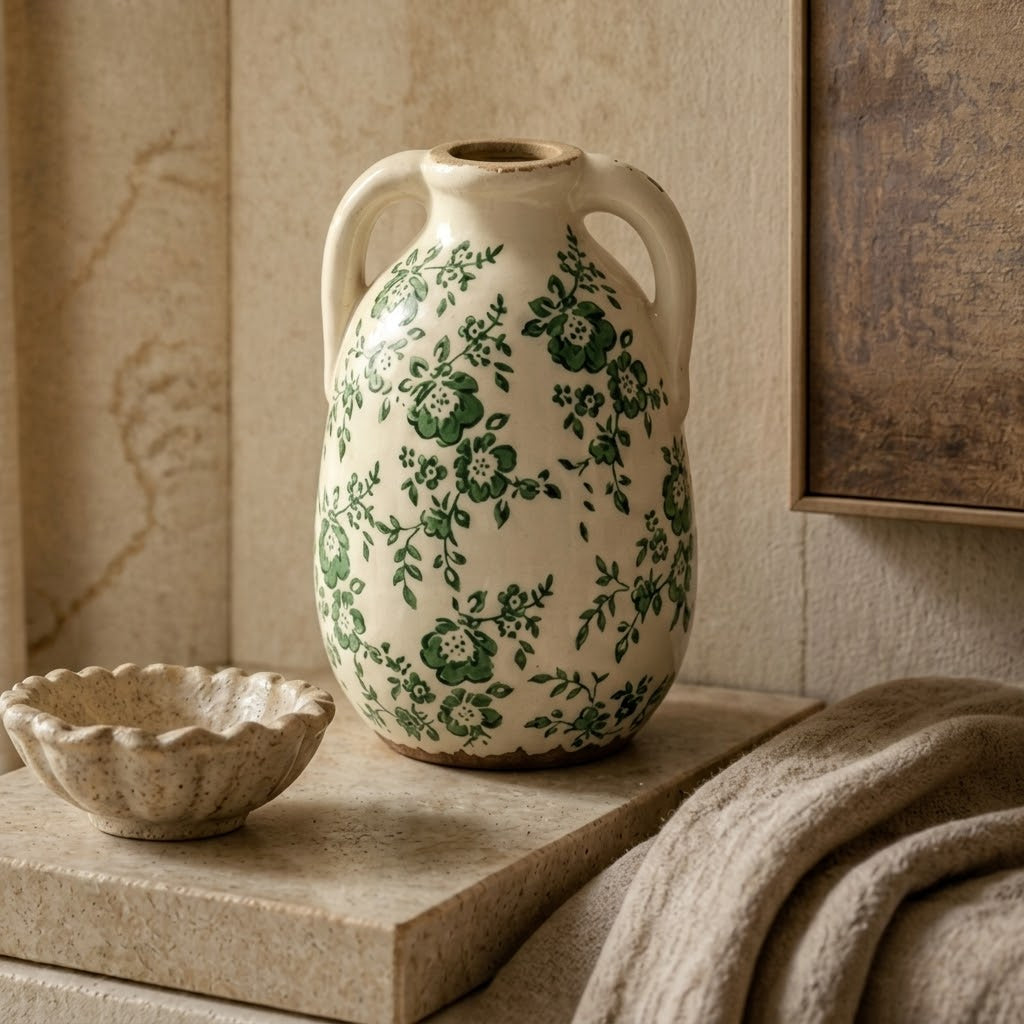 Rustic Green Floral Twin-Handled Ceramic Vase