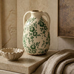 Rustic Green Floral Twin-Handled Ceramic Vase