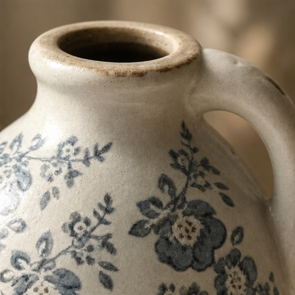 Rustic Slate Blue Floral Ceramic Pitcher Vase