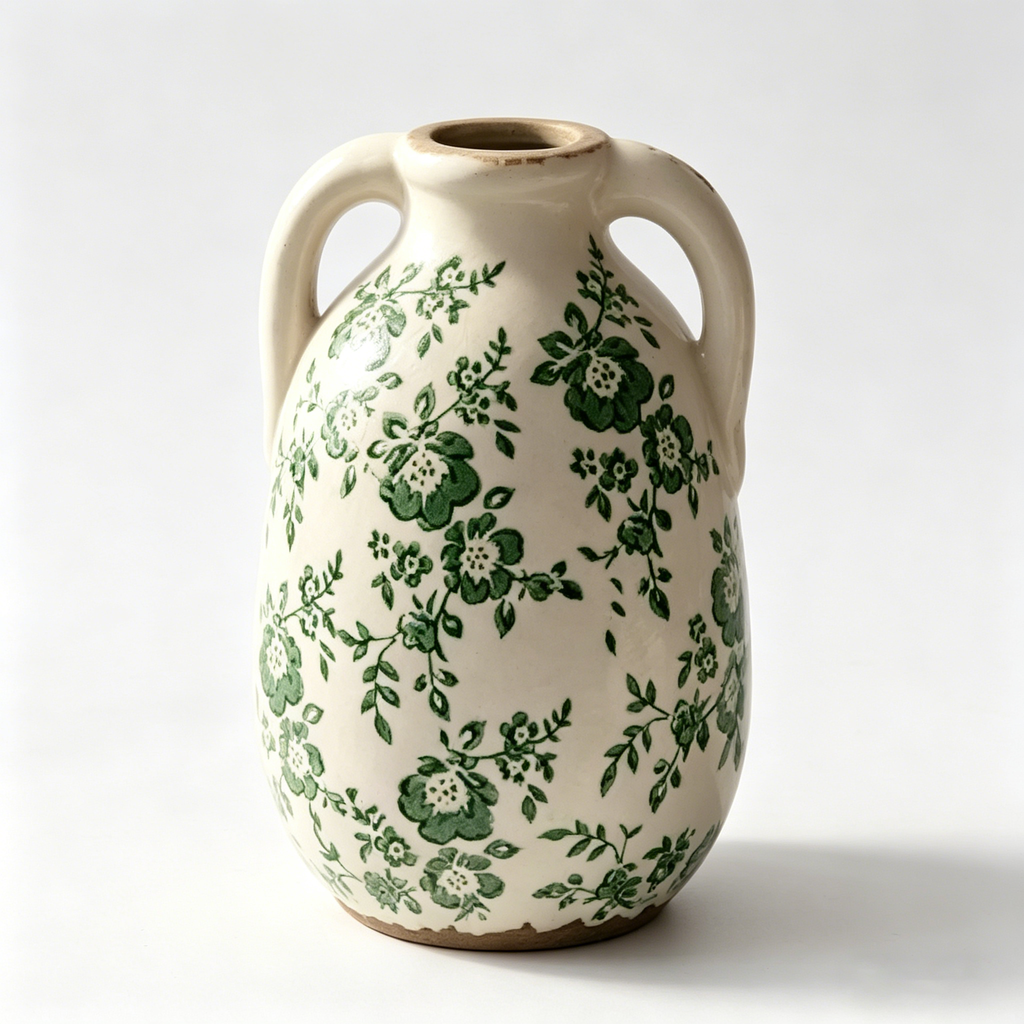 Rustic Green Floral Twin-Handled Ceramic Vase