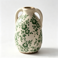 Rustic Green Floral Twin-Handled Ceramic Vase