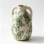 Rustic Green Floral Twin-Handled Ceramic Vase