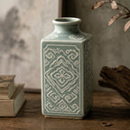 Vintage-Inspired Celadon Geometric Square Ceramic Vase