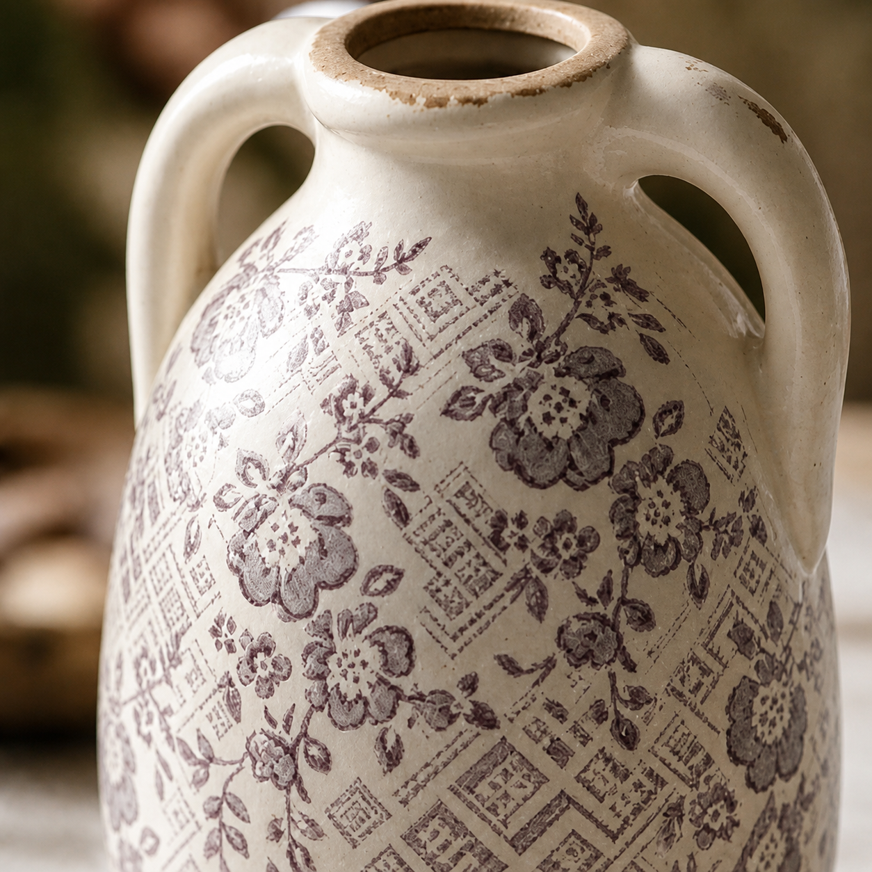 Rustic Plum Floral and Lattice Ceramic Vase
