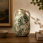 Rustic Green Floral Twin-Handled Ceramic Vase