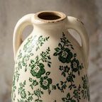 Rustic Green Floral Twin-Handled Ceramic Vase