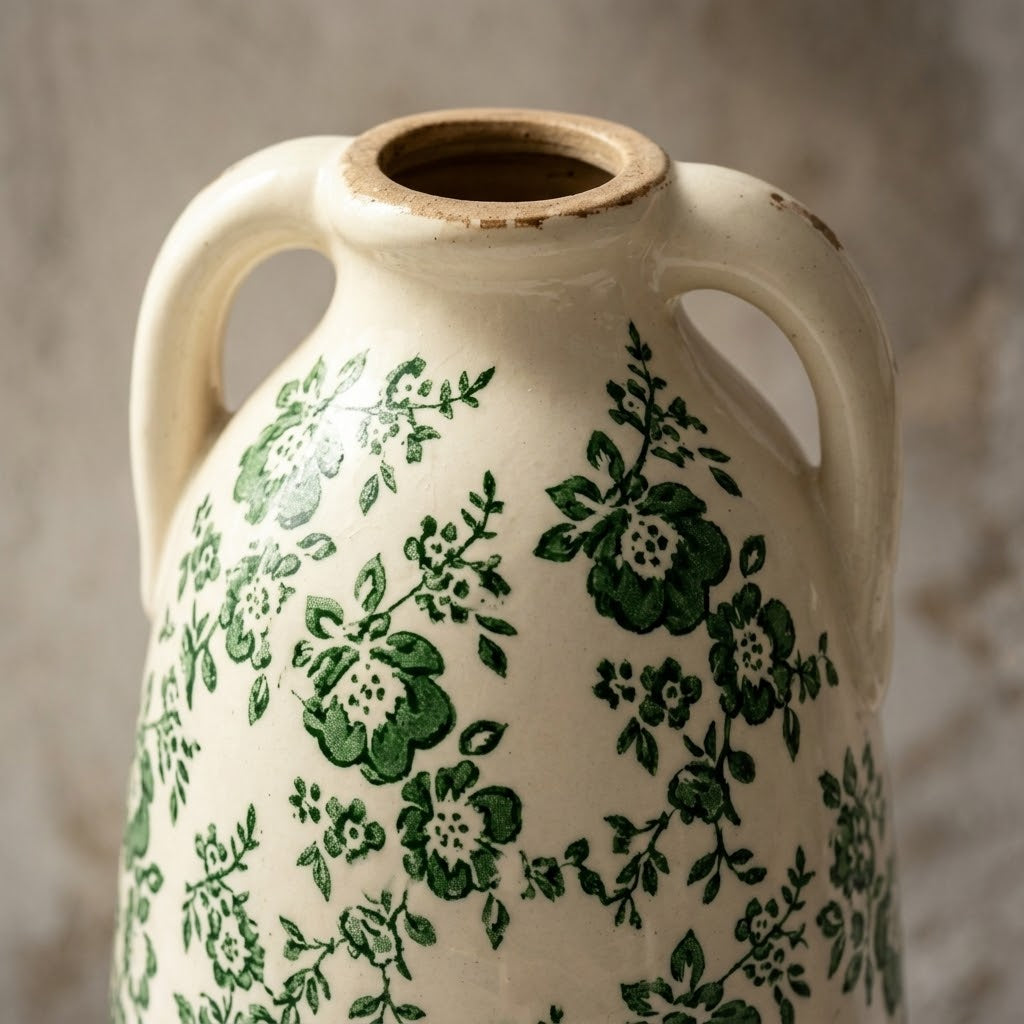 Rustic Green Floral Twin-Handled Ceramic Vase