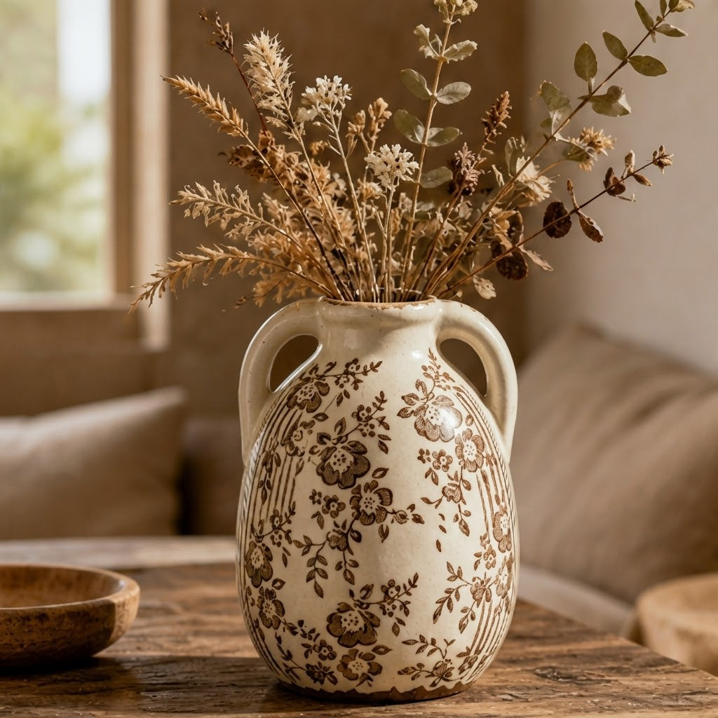 Rustic Sepia Floral and Stripe Twin-Handled Vase