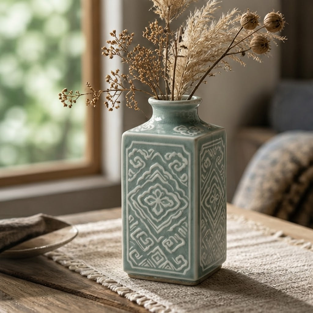 Vintage-Inspired Celadon Geometric Square Ceramic Vase
