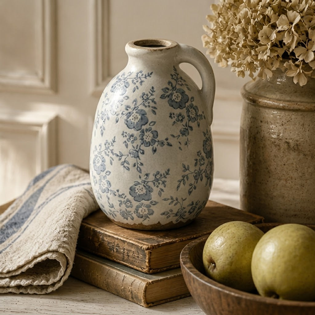Rustic Slate Blue Floral Ceramic Pitcher Vase