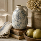 Rustic Slate Blue Floral Ceramic Pitcher Vase