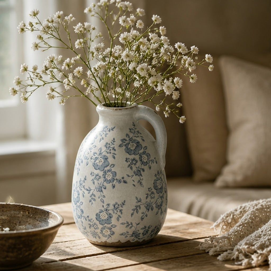 Rustic Slate Blue Floral Ceramic Pitcher Vase
