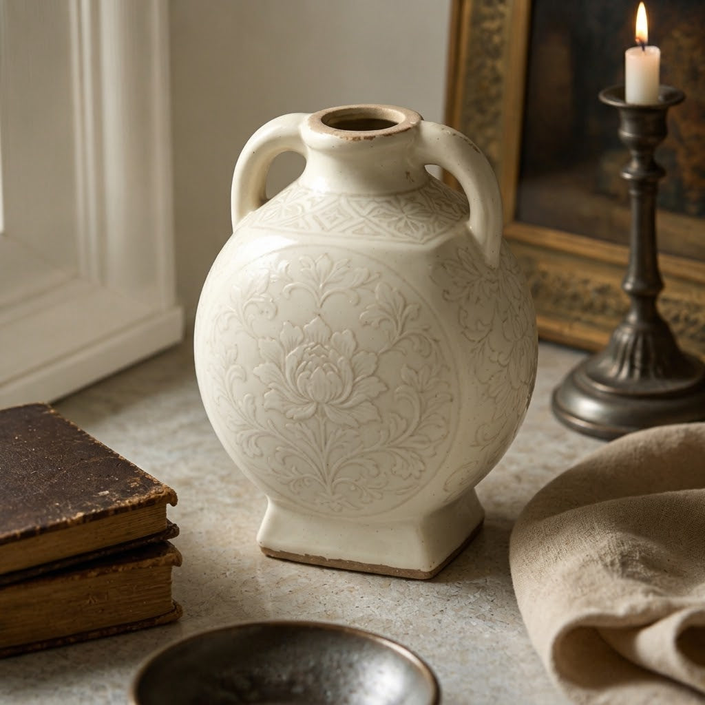 Vintage-Inspired Ivory Embossed Floral Ceramic Vase