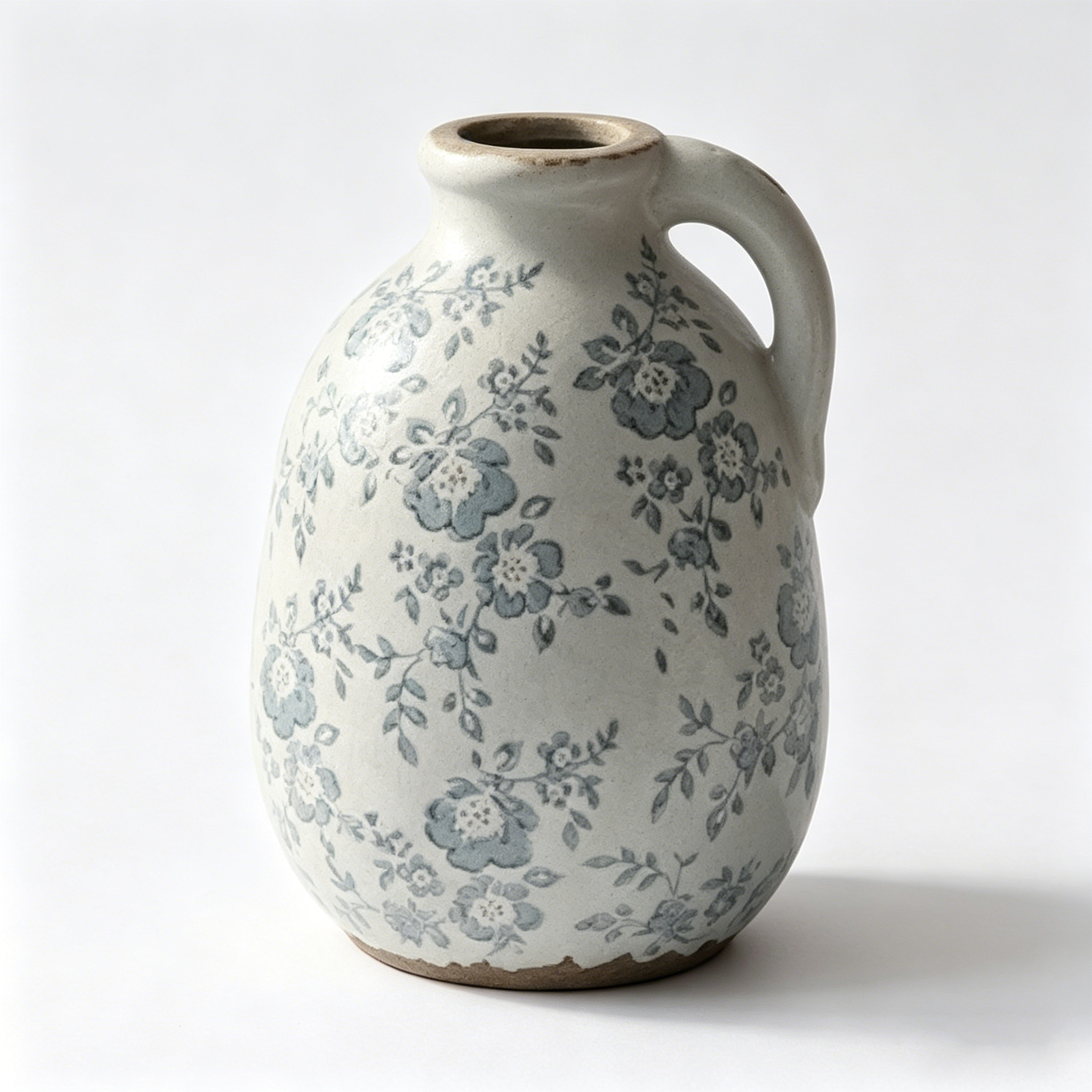 Rustic Slate Blue Floral Ceramic Pitcher Vase
