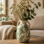 Rustic Green Floral Twin-Handled Ceramic Vase