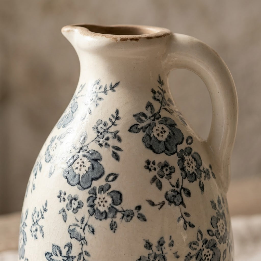 Rustic Slate Floral Ceramic Pitcher Vase