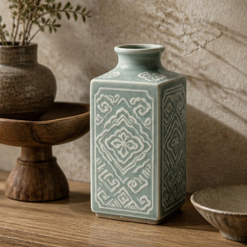 Vintage-Inspired Celadon Geometric Square Ceramic Vase