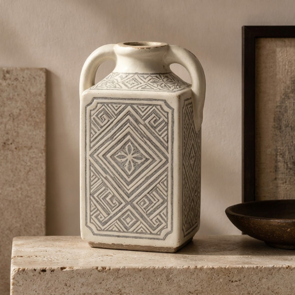 Vintage-Inspired Geometric Ceramic Handled Vase