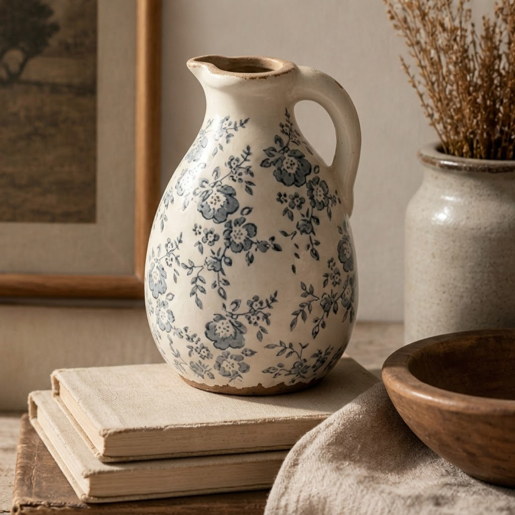 Rustic Slate Floral Ceramic Pitcher Vase