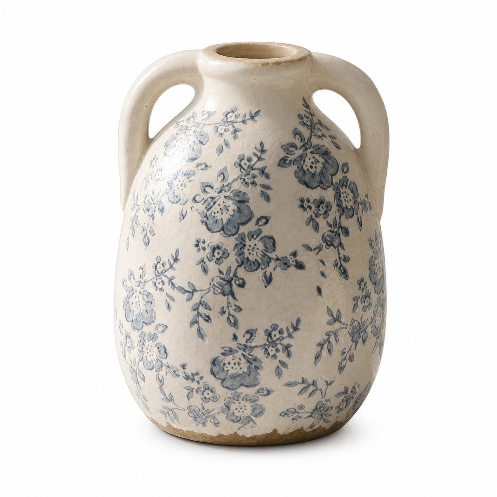 Rustic Blue Floral Twin-Handled Ceramic Vase