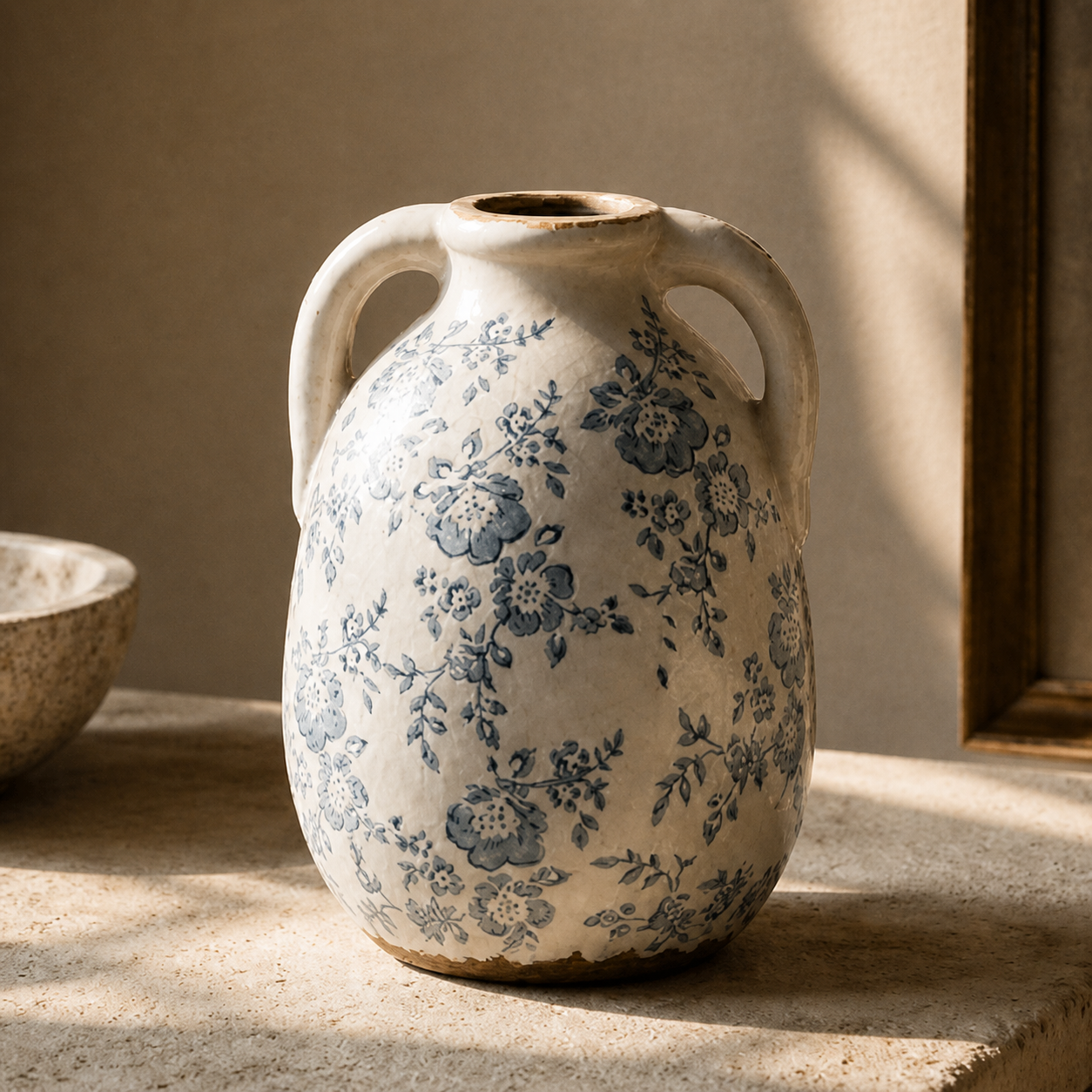 Rustic Blue Floral Twin-Handled Ceramic Vase