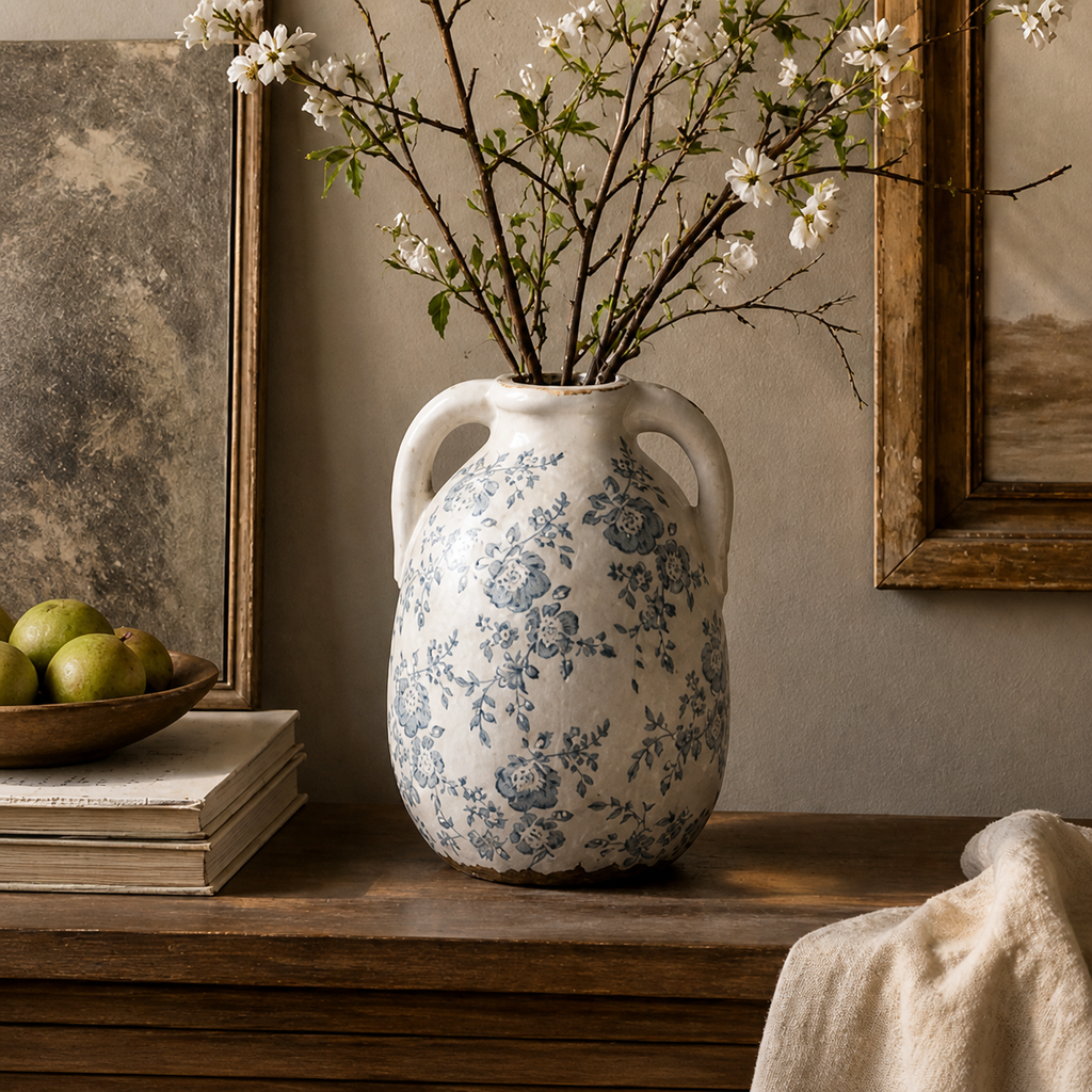 Rustic Blue Floral Twin-Handled Ceramic Vase