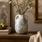 Rustic Blue Floral Twin-Handled Ceramic Vase