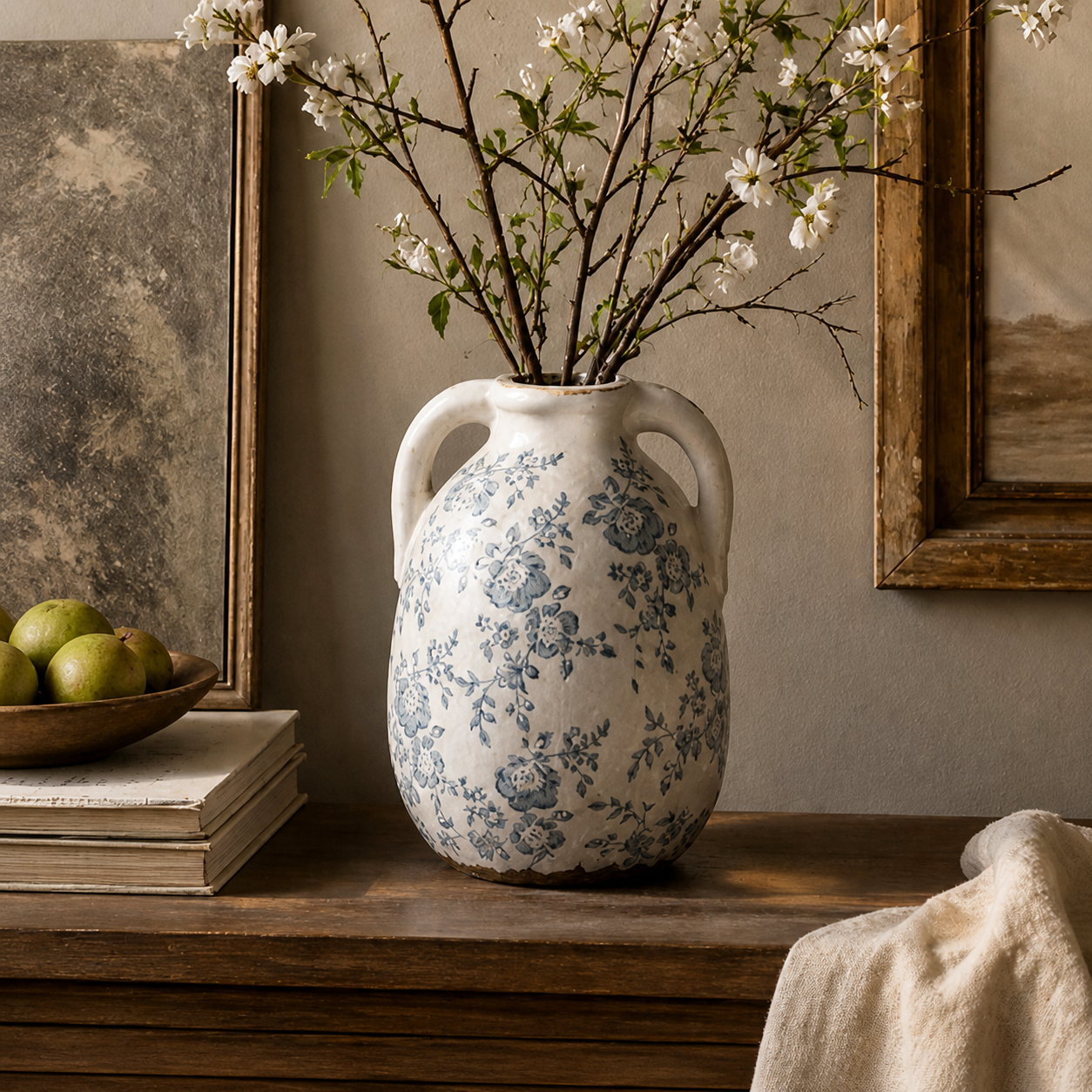Rustic Blue Floral Twin-Handled Ceramic Vase
