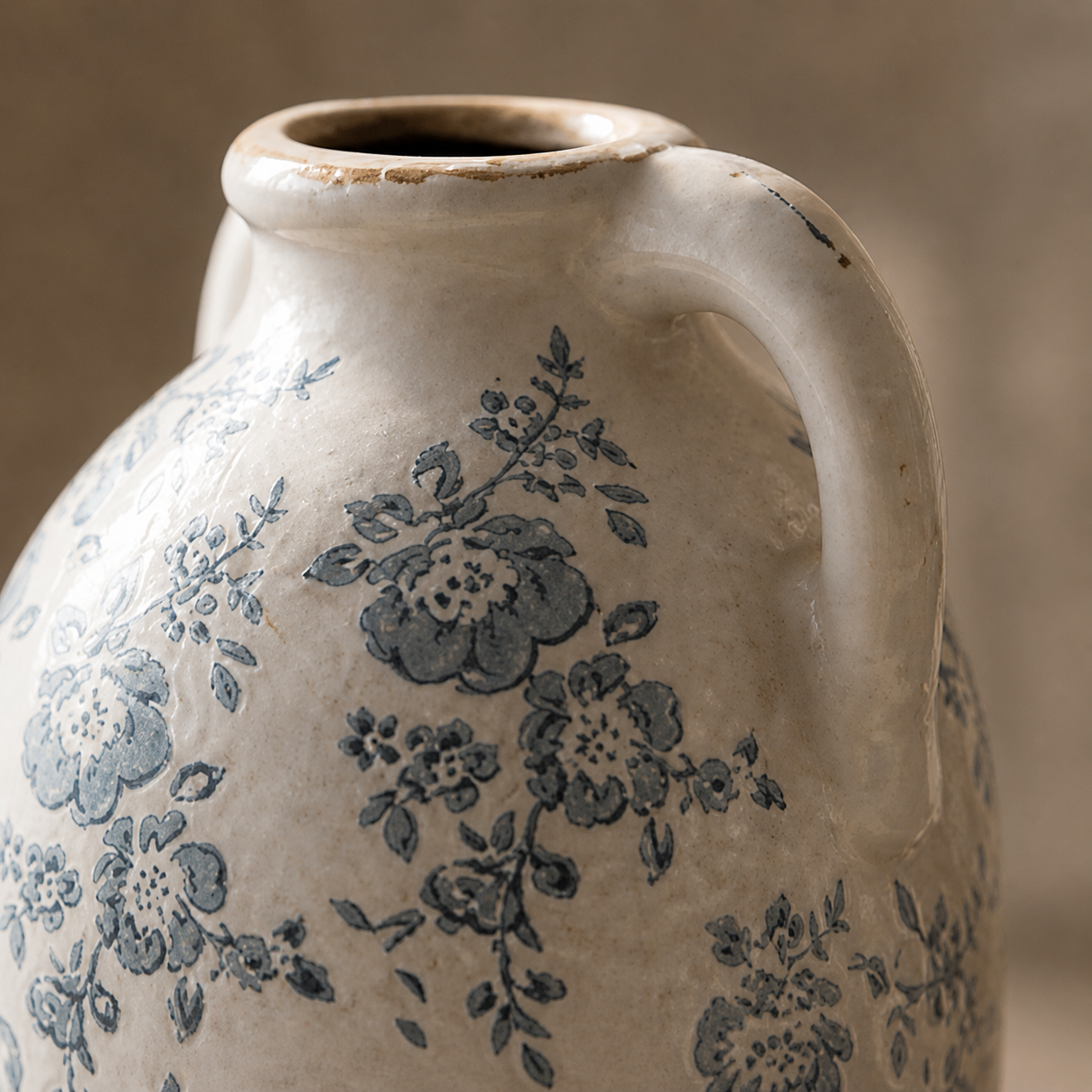 Rustic Blue Floral Twin-Handled Ceramic Vase