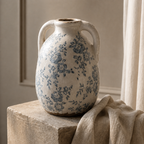 Rustic Blue Floral Twin-Handled Ceramic Vase