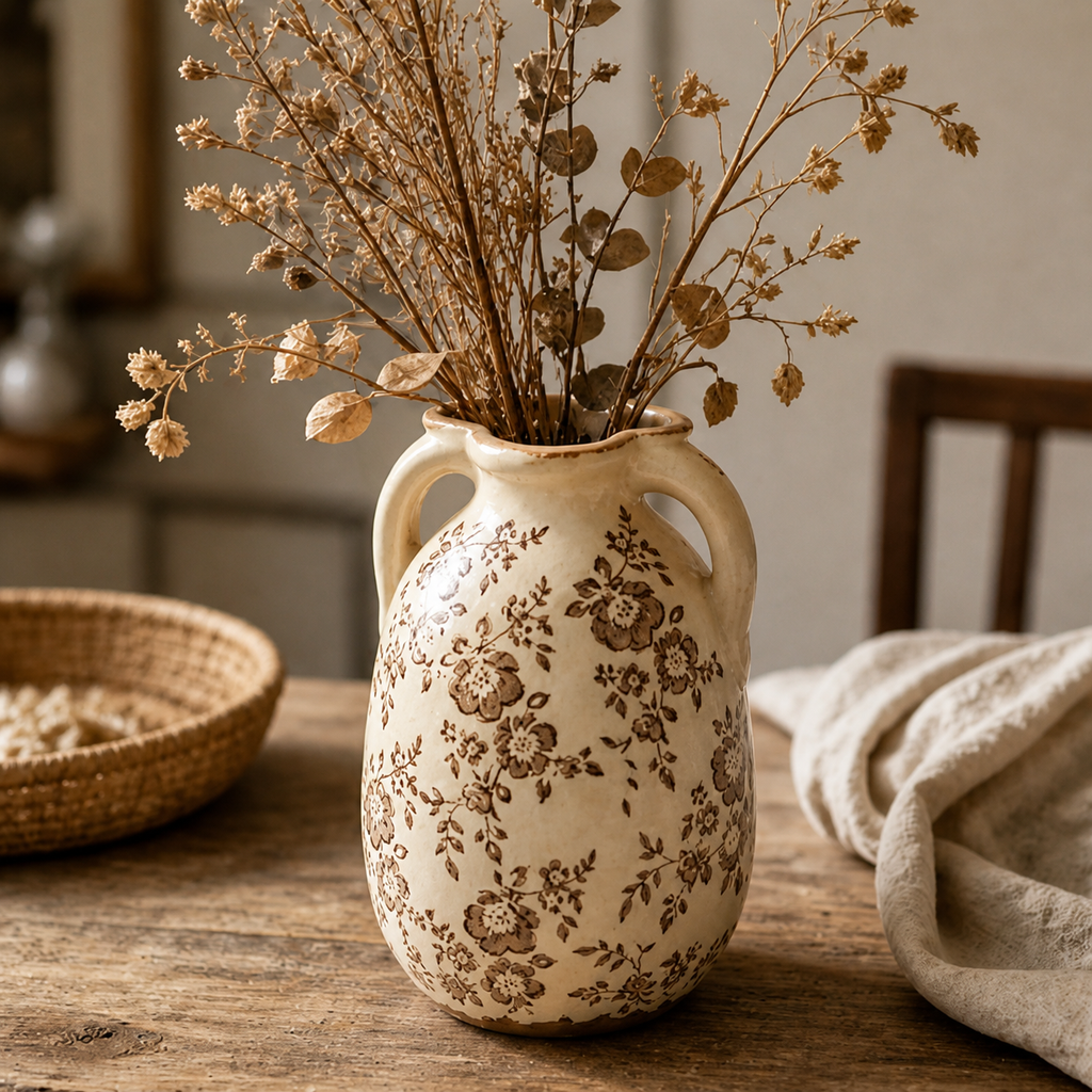 Rustic Sepia Floral Twin-Handled Vase