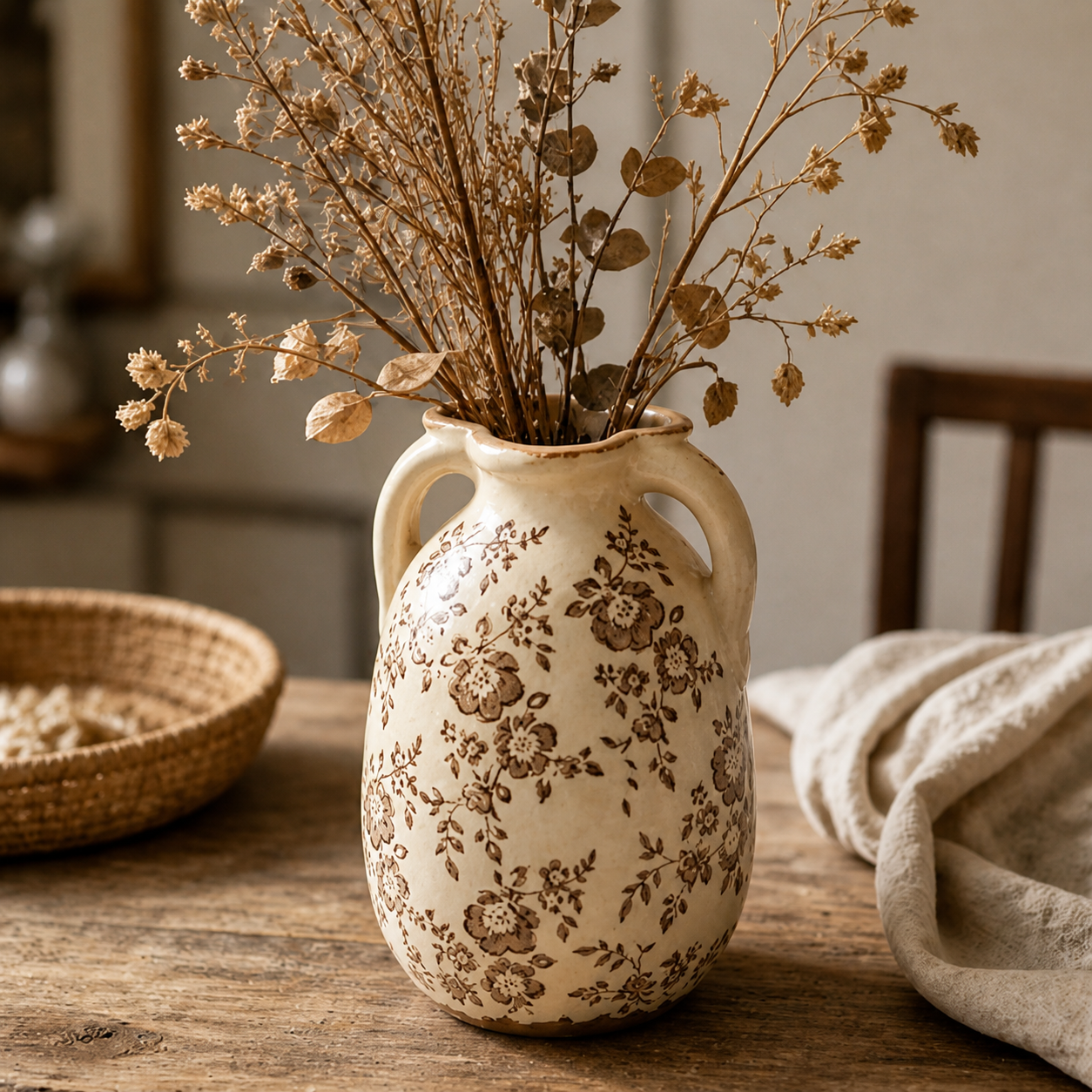 Rustic Sepia Floral Twin-Handled Vase