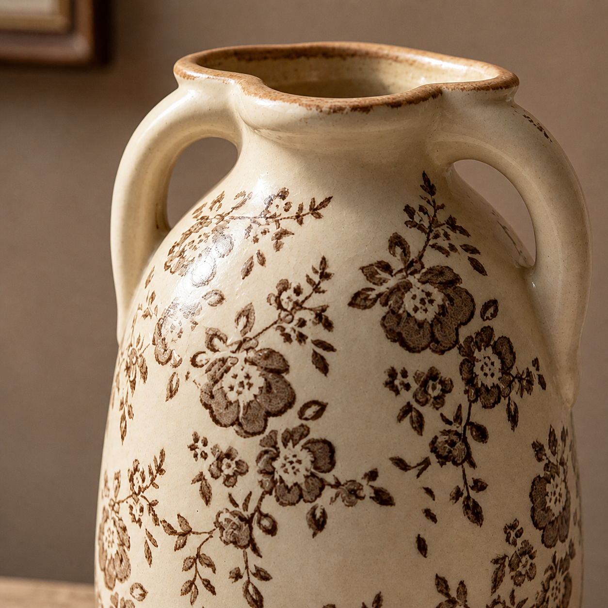 Rustic Sepia Floral Twin-Handled Vase