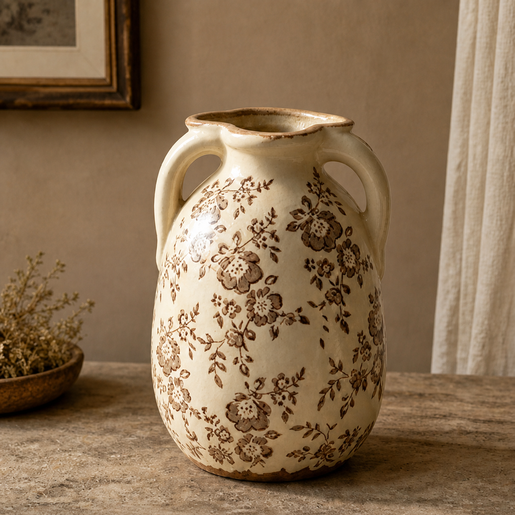 Rustic Sepia Floral Twin-Handled Vase