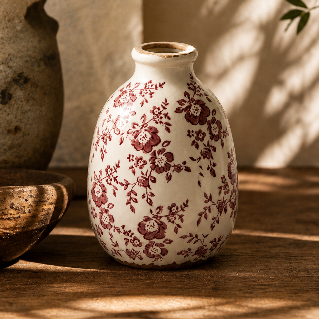 Rustic Cranberry Floral Ceramic Vase