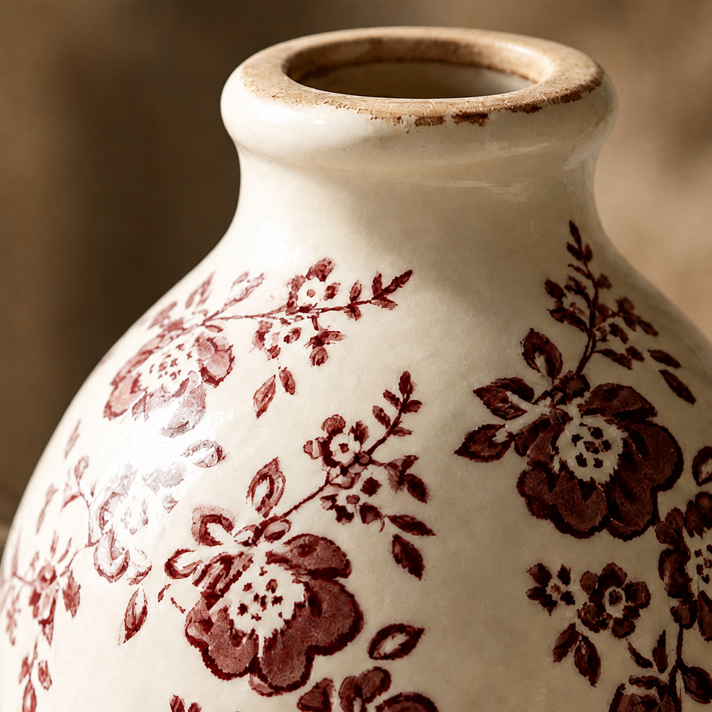 Rustic Cranberry Floral Ceramic Vase
