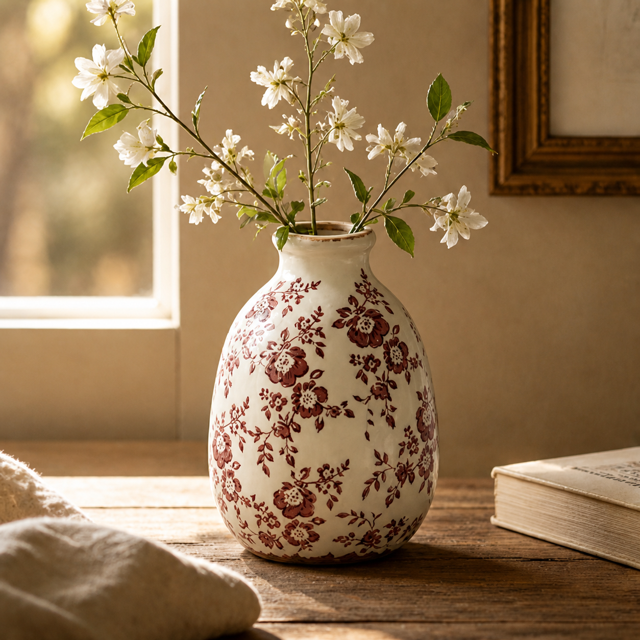 Rustic Cranberry Floral Ceramic Vase