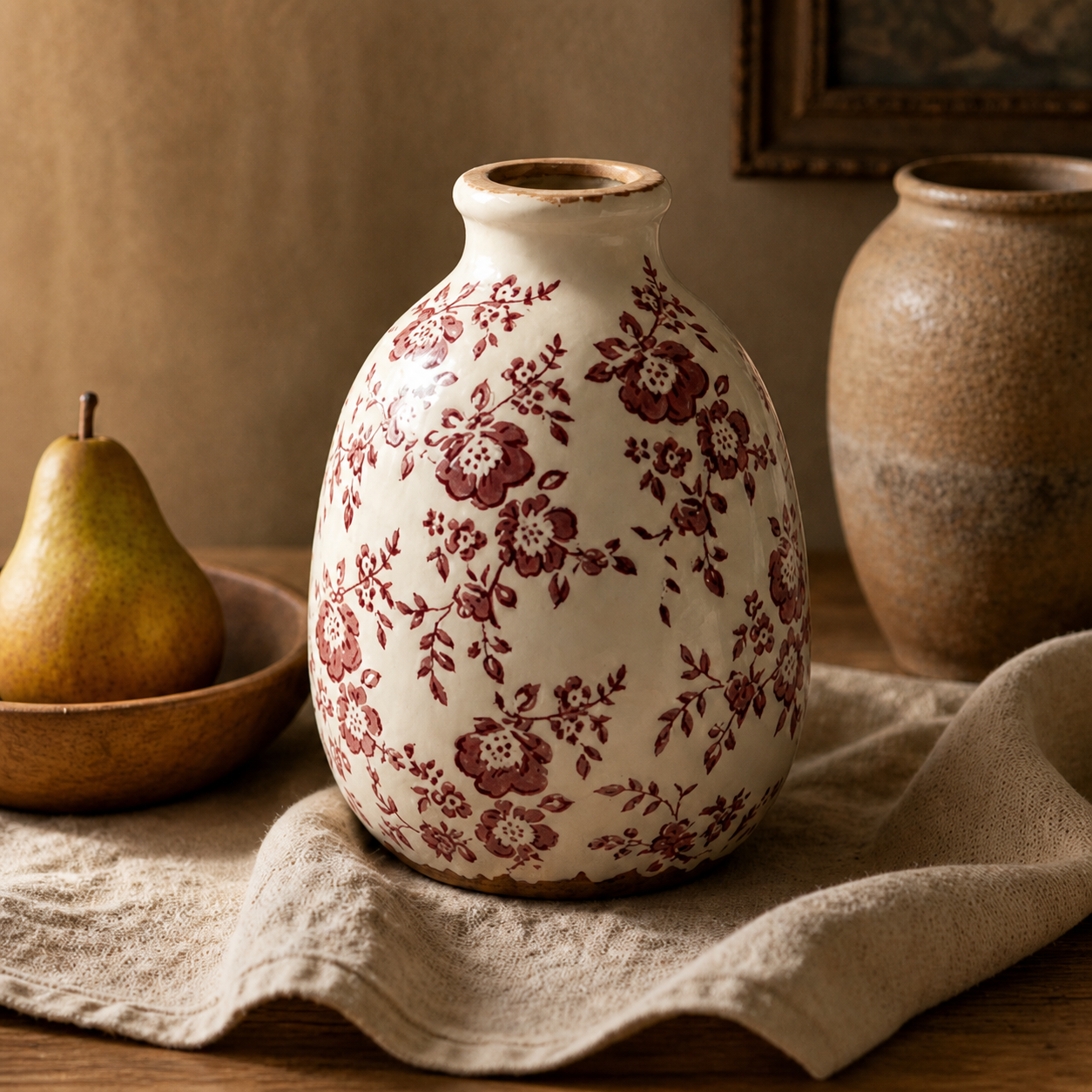 Rustic Cranberry Floral Ceramic Vase