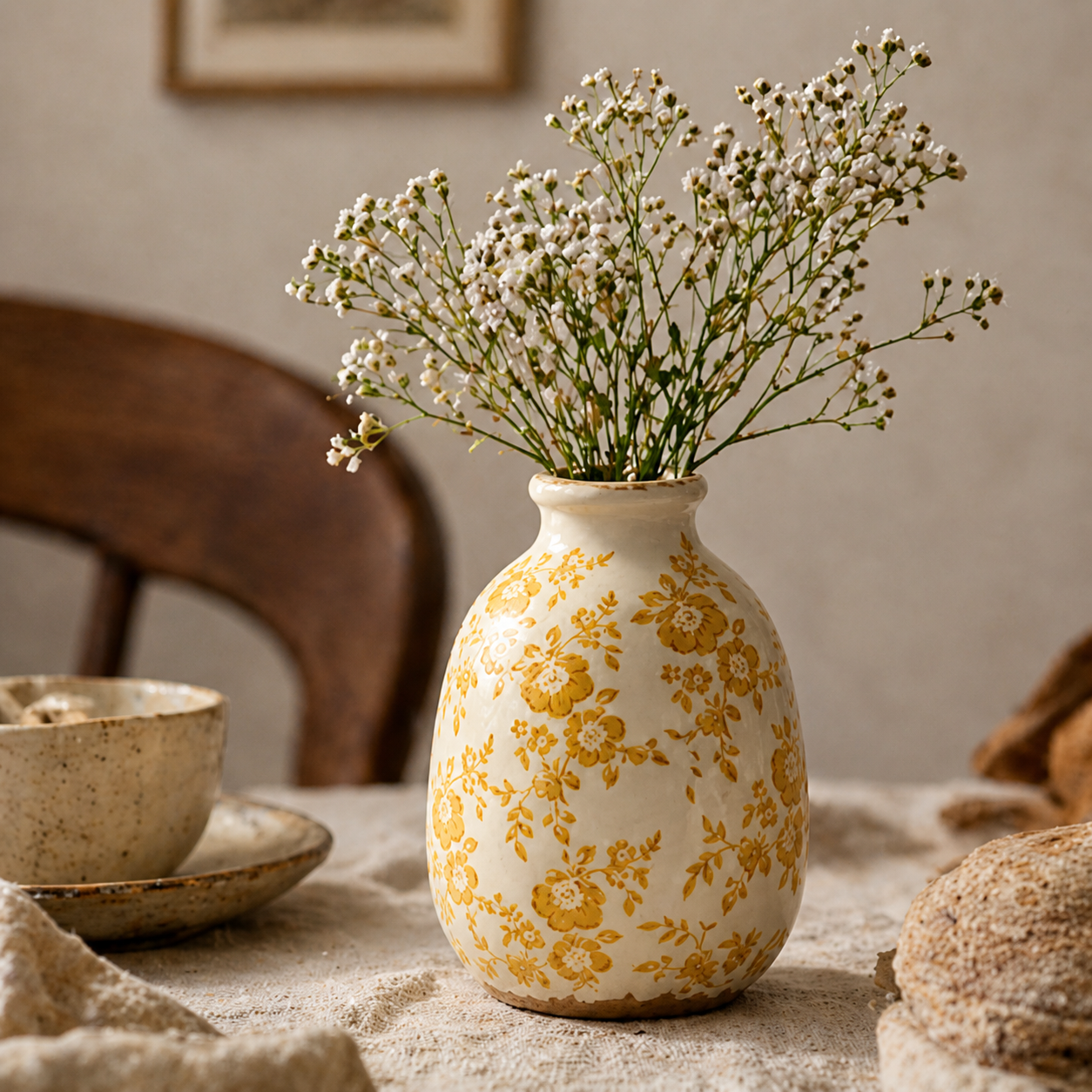 Vintage-Inspired Mustard Floral Ceramic Vase